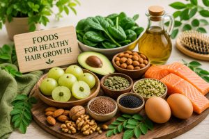 Healthy foods for natural hair growth including amla, spinach, eggs, salmon, nuts, seeds, avocado, and Ayurvedic ingredients